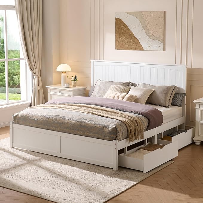 King Size Solid Wood Bed Frame with Storage, Mid-Century Modern Platform Bed with 50" Headboard & 2 Drawers, No Box Spring Needed/Quiet Support/Easy Assembly/Soft White Finish