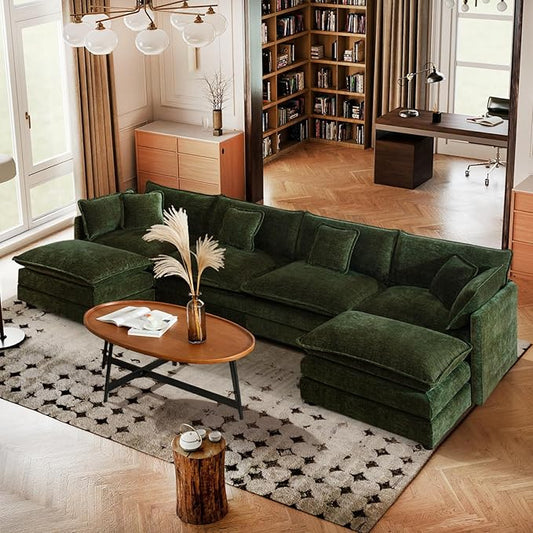 SoarFlash Chenille Sectional Sofa, Comfy L/U Shaped Modular Coush Sofa with Ottoman, Modern 4 Seat Couch Deep Seat Sofa Set for Living Room,Green