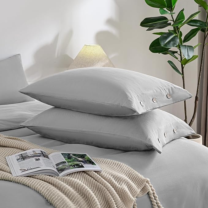 JELLYMONI Pillowcases Standard Set of 2 Cotton Button Pillow Covers 20×26in Light Grey Bed Pillow Cases 100% Washed Cotton Soft Breathable (Pillows are not Included)