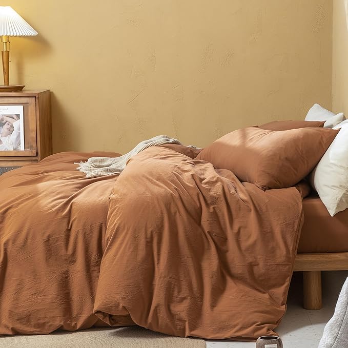 FOSSA Duvet Cover Set 100% Washed Cotton Linen Feel Super Soft Breathable Cozy Simple Style 3 Pieces Bedding Sets Solid Dark Orange Full/Double