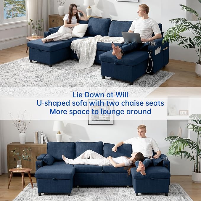 DURASPACE Sofa Bed Sleeper Sofa Pull Out Couch with Double Storage Chaise, Sectional for Living Room, U Shaped Couch with Removable Covers, Blue