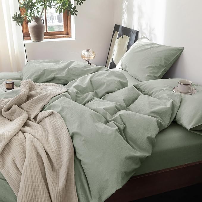 FOSSA Duvet Cover Set 100% Washed Cotton Linen Feel Super Soft Breathable Cozy 3 Pieces Bedding Sets Solid Sage Green Full/Double