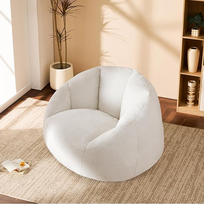 Swivel Giant Bean Bag Chair for Adults - Comfy Plush Round Shell Soft Accent Chair, Oversized Cozy Floor Sofa for Living Room, Bedroom & Game Rooms, Beige