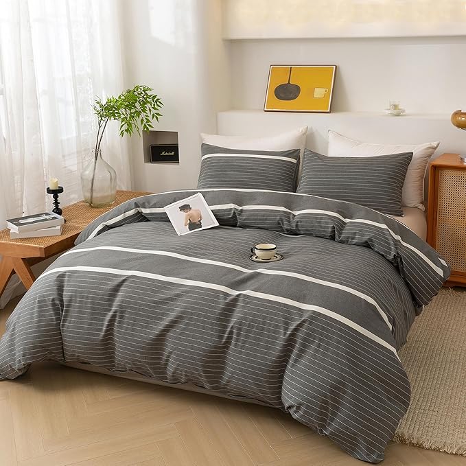 ECOCOTT 3 Pieces Duvet Cover Set King 100% Washed Cotton 1 Duvet Cover with Zipper and 2 Pillowcases, Ultra Soft and Easy Care Breathable Cozy Simple Style Bedding Set(Grey Stripes)