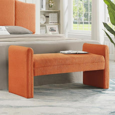 24KF Modern Upholstered Bed Bench Covered with Soft Boucle Teddy Fabric, Lovely Entryway Bench Ottoman with Armrest, 5062-Orange