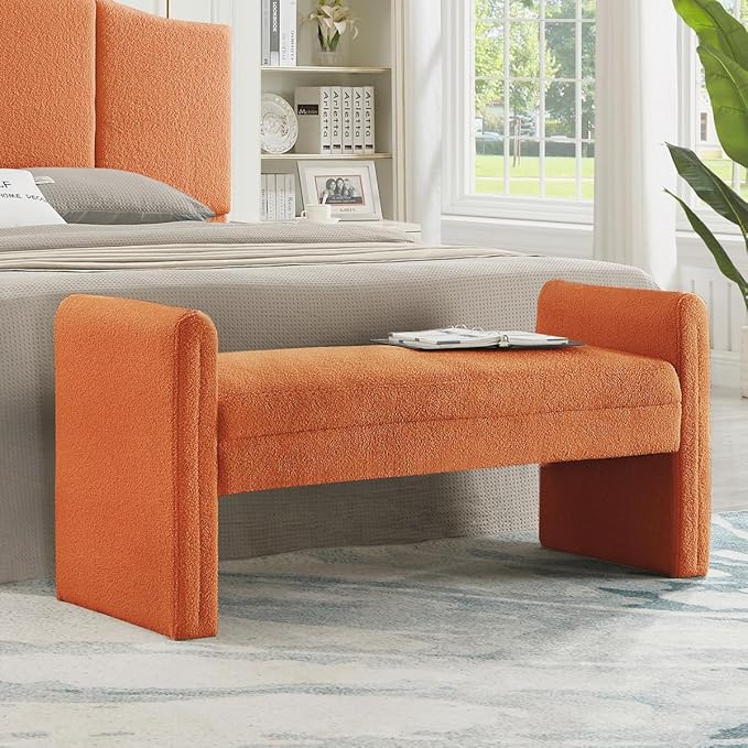 24KF Modern Upholstered Bed Bench Covered with Soft Boucle Teddy Fabric, Lovely Entryway Bench Ottoman with Armrest, 5062-Orange