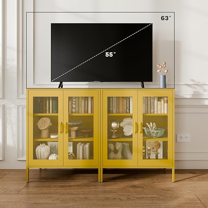 40"H Yellow Metal Cabinet,Locker Storage Cabinet,Bathroom Floor Storage Cabinet,Small Yellow Cabinets with 4 Doors,Freestanding Sideboard,Pantry Food Cabinet for Hallway,Home Office, Kitchen