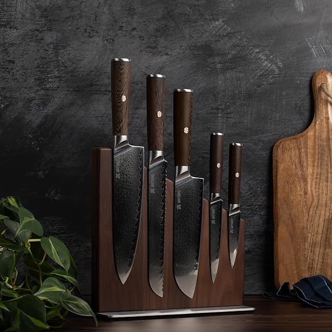 Yatoshi Knives Magnetic Kitchen Knife Block Set - Japanese 67 Layer High-Grade VG-10 Steel Knives, Sharp, G10 Handle Professional Kitchen Knife Set - Damascus (6 pieces), Brown Pakkawood Handles
