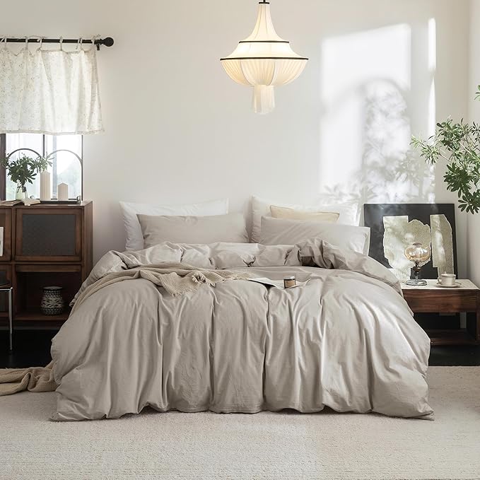 FOSSA Duvet Cover Set 100% Washed Cotton Linen Feel Super Soft Breathable Cozy 3 Pieces Bedding Sets Solid Cream Grey Oversized King