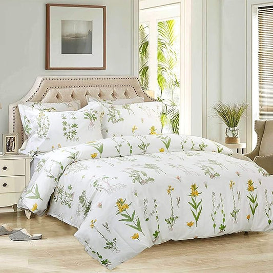 FADFAY Duvet Cover Set 3 Pieces 100% Cotton Twin XL 600 TC Floral Bedding Set Flower Printed White Fresh Pattern with Zipper Closure 1 Duvet Cover 2 Pillowcases for Kids Adult