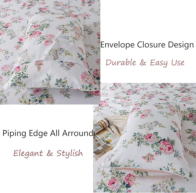 FADFAY Full Size Sheets Set - Pink Rose Floral Shabby Peony Flower Bed Sheet - Vintage Farmhouse 100% Cotton Ultra Soft Breathable Bedding With Deep Pocket Fitted Sheet, 4 Pieces