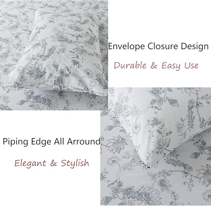 FADFAY Gray and White Sheets Set Full - Shabby Vintage Peacock Floral Bedding, Rustic Farmhouse Style, 100% Cotton Breathable With Deep Pocket Fitted Sheet, 4Pcs, Full Size