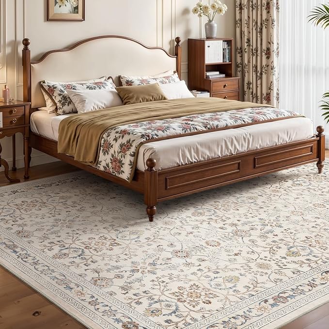 MontVoo-Vintage Area Rug 8X10 Beige for Living Room - Soft Distressed Printed Carpet for Bedroom - Non Slip, Machine Washable for Dining Room, Bedside, Office