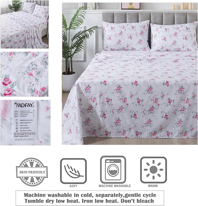 FADFAY Rose Sheets Set Queen Pink Floral Bedding Rustic Botanical Flower Bed Sheet Set Vintage Farmhouse Bedding 100% Cotton Soft Breathable Collection with Deep Pocket Fitted Sheet 4Pcs, Queen Size