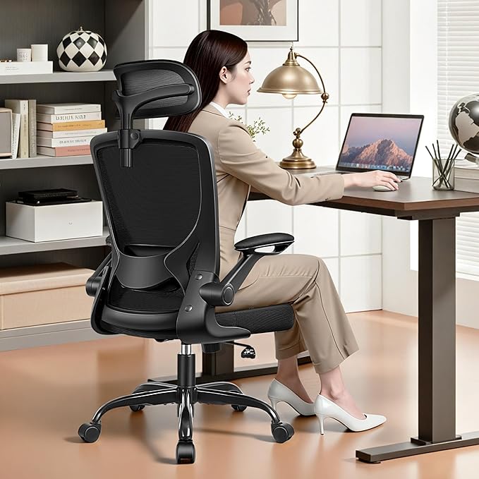 Ergonomic Office Desk Chair, Home Mesh Office Desk Chairs with Adjustable Lumbar Support, Headrest, Flip-up Armrests, High Back Computer Chair for Gaming, Work, Black