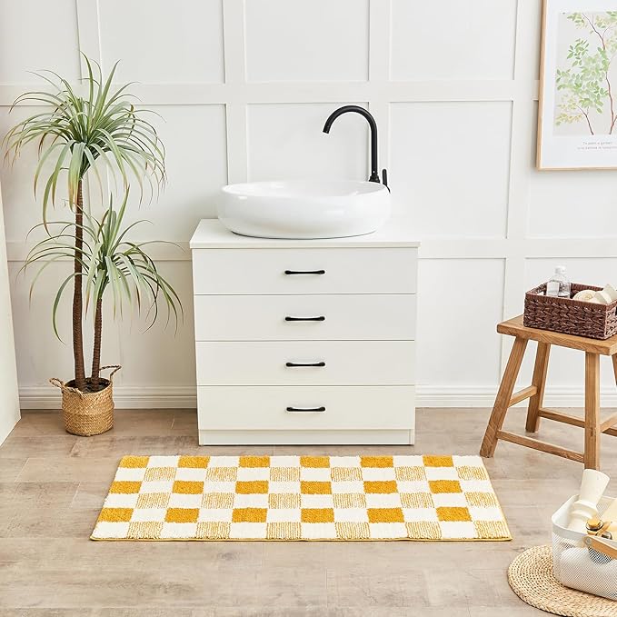 CozeCube Bath mats for Bathroom Non Slip, Fluffy Absorbent Microfiber Bath mat Washable, Aesthetic Bathroom Rugs, Large Harvest Gold Checkered Bath mat, Harvest Gold, 36" x 24"