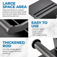 Toilet Paper Holder with Shelf, Black Anti-Rust Aluminum Tissue Roll Holder with Mobile Phone Storage Shelf for Bathroom, 3M Self Adhesive No Drilling or Wall Mounted with Screws