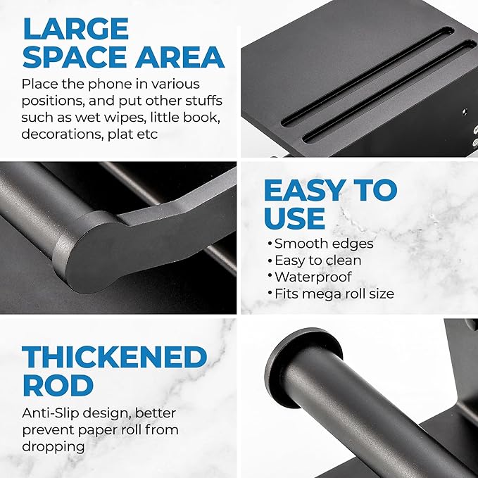 Toilet Paper Holder with Shelf, Black Anti-Rust Aluminum Tissue Roll Holder with Mobile Phone Storage Shelf for Bathroom, 3M Self Adhesive No Drilling or Wall Mounted with Screws