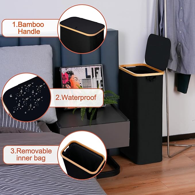 efluky Slim Laundry Basket with Lid, Narrow Laundry Hamper with Removable Bag, Skinny Dirty Clothes Basket with Bamboo Handles for Bathroom, Bedroom & Laundry Room, 75L Black