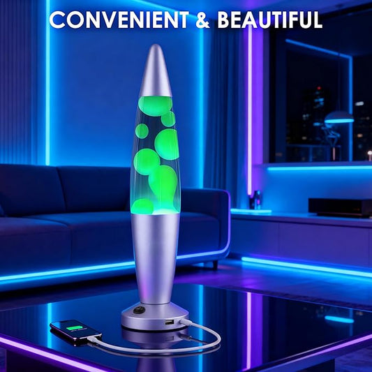JAMBO Beautiful Liquid Lamp with USB Ports, 16" Motion Light with Blue Liquid Yellow Wax, Relaxing Nightlight, Mood Light for Bedroom, Living Room, Office - Adults, Teens, Kids
