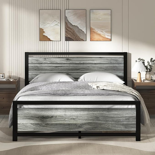 Full Size Bed Frame with Headboard, Industrial Style Full Bed Frame, Bed Frame Full Size with Wooden Footboard, No Box Spring Needed, Noise-Free, Easy Assembly, Wash Grey