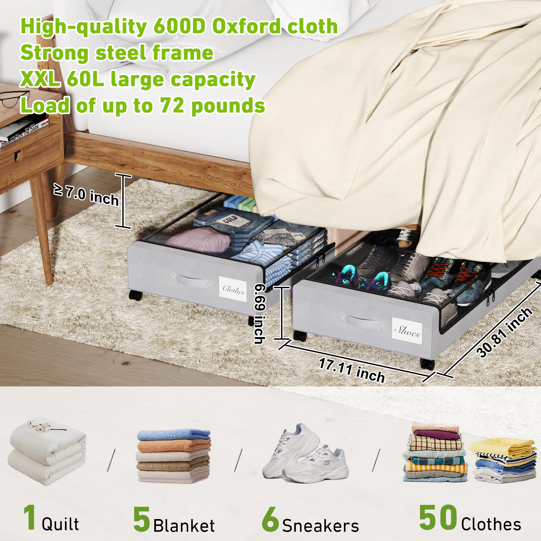 YAASHEEN Under Bed Storage with Wheels, 2-Pack Under the Bed Storage Containers with Clear Lids & Label, Underbed Storage Bins, XXL 60L Rolling Metal Drawer for Clothes, Shoes, Toys, Books - Black Dormly