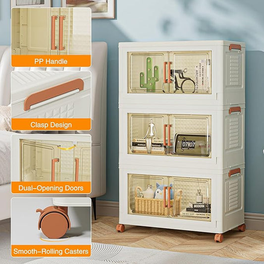 VECELO 180 QT Stackable Storage Bins with Wheels, Magnetic Dual Opening Doors & Transparent Panels, Plastic Foldable Storage Containers for Living Room, Bedroom, Kitchen, Office