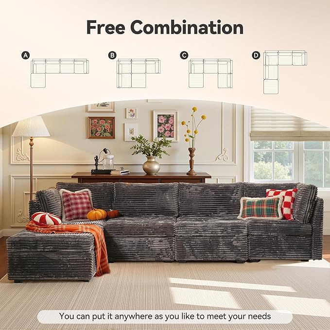 Modular Sectional Sofa, 130.7" L Shaped Couch Set for Living Room, 4-Seater Comfy Cloud Couches with Movable Ottoman, DIY Combination, Plush Corduroy, Gray