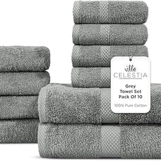100% Combed Cotton Bathroom Towel Set of 10- 2 Bath Towels, 4 Hand Towels, 4 Wash Cloths, Sustainable, Soft, Highly Absorbent 10 Piece Cotton Bath Towel Set Ideal for Hotels, Spa, Bathroom, Dorm, Grey