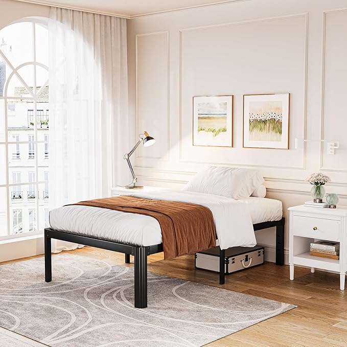 Askeld Bed Frame Twin, 16 Inch High Metal Platform Bed with Round Corner Leg, No Box Spring Needed, Heavy Duty Noise-Free Bed Base, Easy Assembly, Black