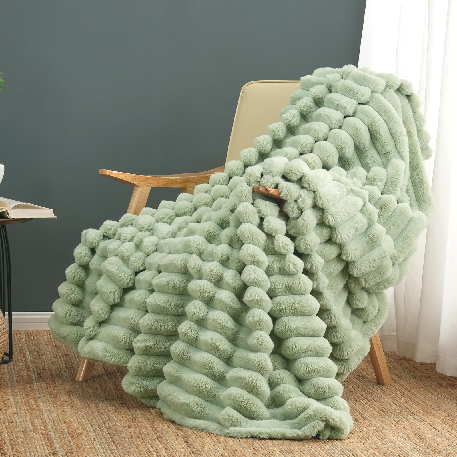 Cozy Bliss Faux Fur Throw Blanket for Couch, Cozy Warm Plush Striped Blanket for Sofa Bedroom Living Room, 50 * 60 Inches Sage Green Dormly
