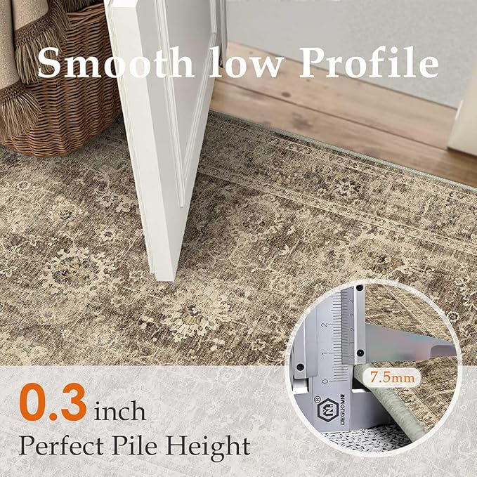 8x10 Washable Area Rug for Living Room Bedroom Brown Vintage Large Distressed Rustic Low Pile Carpet Non-Slip Lightweight Vacuumable Soft Throw Rug for Indoor Dining Room