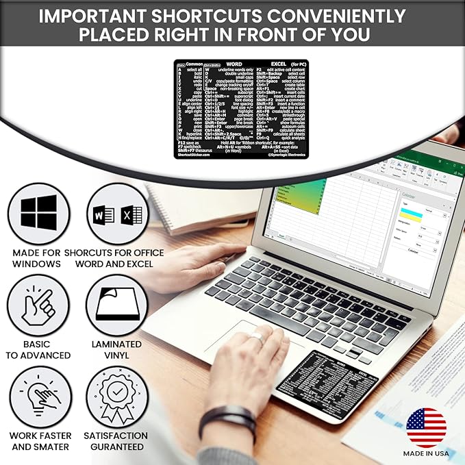 Synerlogic (2pcs) Word/Excel Windows Shortcut Sticker | Reference Guide Keyboard Shortcuts | Work from Home Essentials | Excel Shortcuts Cheat Sheet Laminated Vinyl (Black/Small/2)