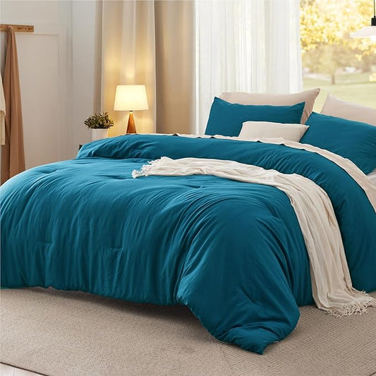Bedsure Queen Size Comforter Set, Teal Soft Prewashed Bedding for All Seasons, 3 Pieces GentleSoft™ Warm Down Alternative Bed Set, 1 Lightweight Comforter (90"x90") and 2 Pillowcases (20"x26")