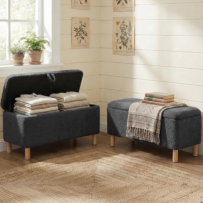 Ottoman with Storage, Storage Ottoman Bench, Entryway Bench, End of Bed Bench with Wood Legs for Bedroom, Living Room, 2PCS,Dark Grey