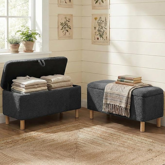 Ottoman with Storage, Storage Ottoman Bench, Entryway Bench, End of Bed Bench with Wood Legs for Bedroom, Living Room, 2PCS,Dark Grey