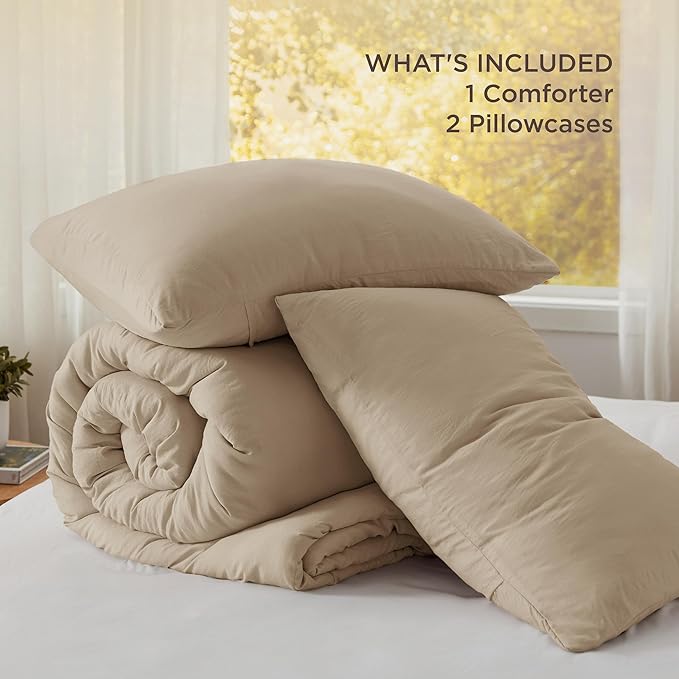 Bedsure California King Size Comforter Set, Khaki Soft Prewashed Bedding for All Seasons, 3 Pieces GentleSoft™ Down Alternative Bed Set, 1 Lightweight Comforter (104"x96") and 2 Pillowcases (20"x36")