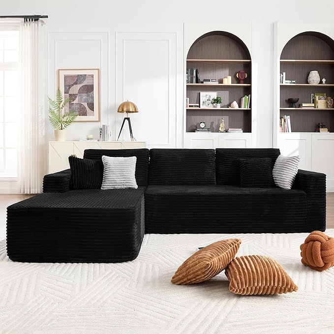 108" Boneless Couches for Living Room, Modular Sectional Sofa with Oversized Chaise, L-Shape Cloud Couch with Deep Seat, High-Density Memory Foam, No Assembly Required, Plush Corduroy Black