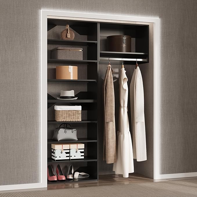 Modular Closet System, 52" Wide Organizer With Towers and Hanging, Wood Tower Storage for Walk In Closets, Wall Mounted Wardrobe Kit, Bedroom, Black