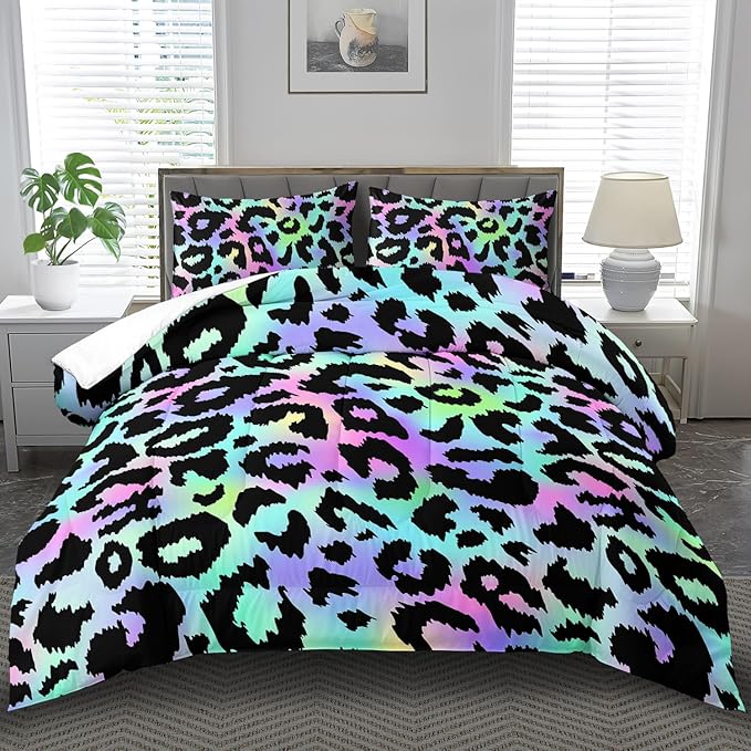 Rainbow Leopard Print Comforter Set Full Girls Colorful Cheetah Comforter Full Animal Leopard Print Bedding Set Women Purple Cheetah Bedding Quilt Bedroom Decor
