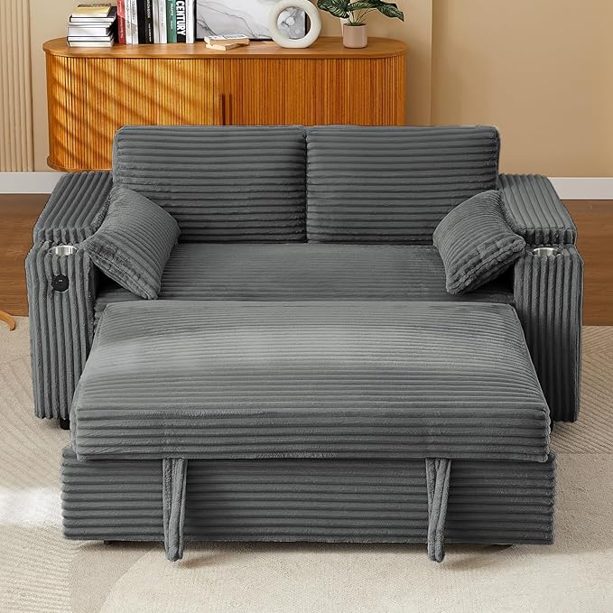 Convertible Corduroy Sofa Bed with USB Charging Port & Cup Holders, 68.11" Foldable Sleeper Chair with Armrests & Pillows, 3-in-1 Floor Futon for Living Room, Bedroom, Guest Room