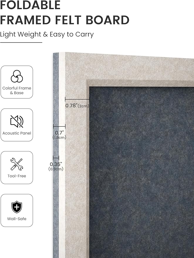 Felt Cork Board Alternative, Felt Bulletin Board 16" x 12" Oatmeal Frame with 8 Adhesive Tabs, Pin Board for Home Office, Classroom, Entryway, Kitchen Wall Decor—Navy Blue
