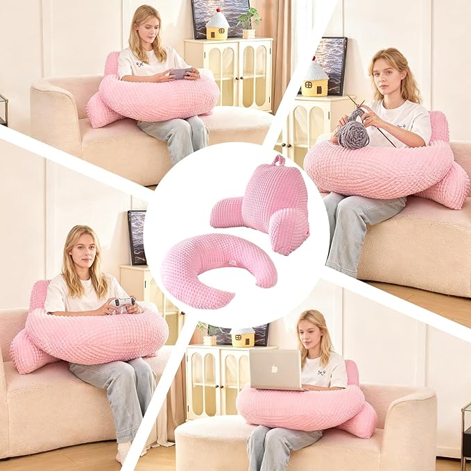 Reading Pillow for Bed,U Shaped & Back Support Pillow for Bed,19" Backrest with Lumbar & Arm Support,Comfy Flannel Fabric,Lap Pillow for Gaming/Reading/Watching TV,Pink