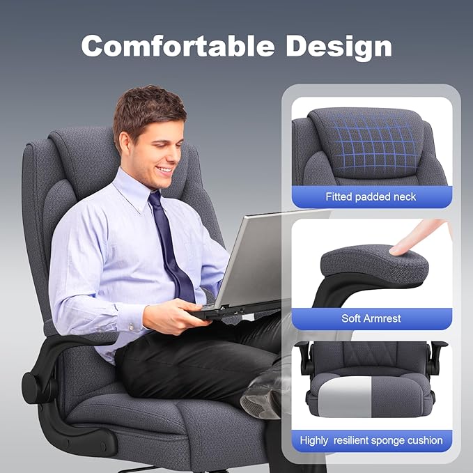 ralex-chair Big and Tall Office Chair -500 lb Heavy Duty Office Chair for Big Man, Fabric High Back Executive Office Desk Chair with 120° Tilt Rock,Computer Desk Chair with flip up arm - Grey