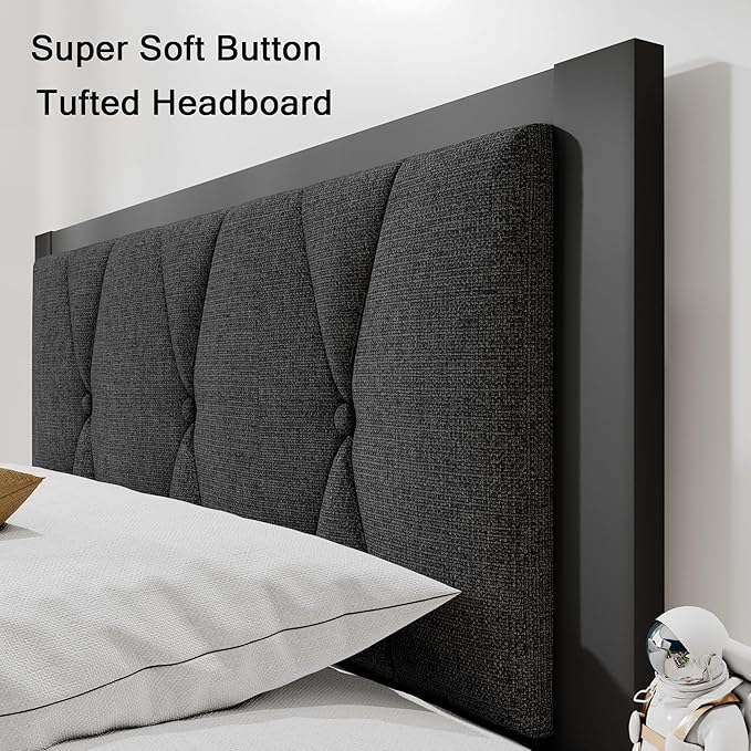 Twin Size Metal Bed Frame, Platform Bed with Upholstered Button Tufted Headboard, 12" Underbed Storage, Steel Slats Support, No Box Spring Needed, Easy Assembly, Noise-Free, Dark Grey