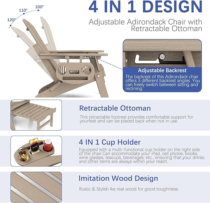 FOOWIN Adirondack Chair with Retractable Ottoman,HDPE Folding Adjustable Adirondack Chair w/4 in 1 Cup Holder Trays,All-Weather Resistant Fire Pit Chair for Outdoor Patio Lawn Set of 8