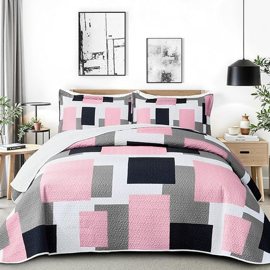 2 Piece Pink Grey Quilt Set Twin Size Pink Gray White Geometric Reversible Bedding Set Microfiber Lightweight Bedspread Coverlet with 1 Sham1 Modern Bed Cover for All Season, 68''x86''
