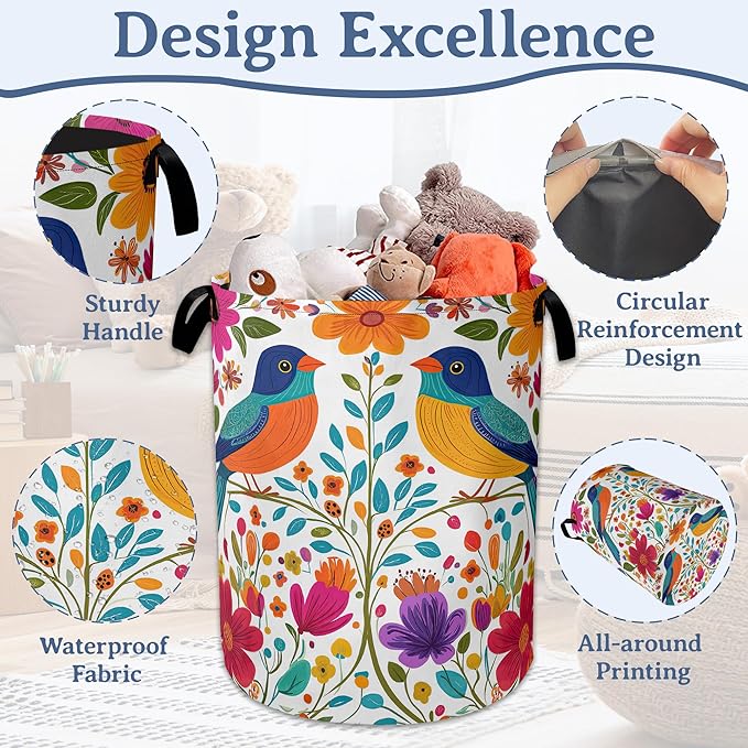Bird Flower Laundry Basket,Oxford Cloth Mexico Laundry Hamper With Handle Foldable Portable Clothes Storage Basket for Laundry Room/Bedroom/Bathroom 20.8"x16"