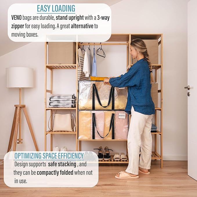 VENO 10 Pack Clear Moving Bags Christmas Storage Bags, Large Storage Bins with Lids, Heavy Duty Holiday Decor Organizers Moving Boxes Tote Packing Garland Ornament Supplies for College Dorm Clothes