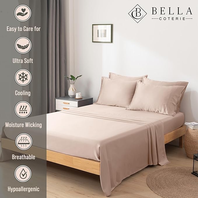 Bella Coterie 7 Piece Luxury Bamboo Viscose Split King Size Sheet Set | 2 Fitted Sheets for Adjustable Beds | 100% Organically Grown | Cooling for Hot Sleepers | 4 Pillowcases [Dusty Rose]